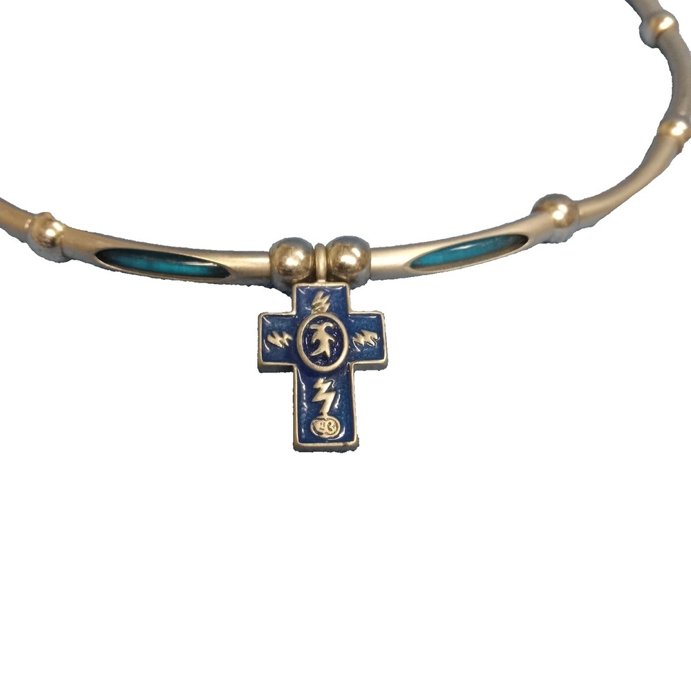 VINTAGE 18" Blue Enamel & Metal SURFER CROSS CHOKER Necklace Spherical/Round euc